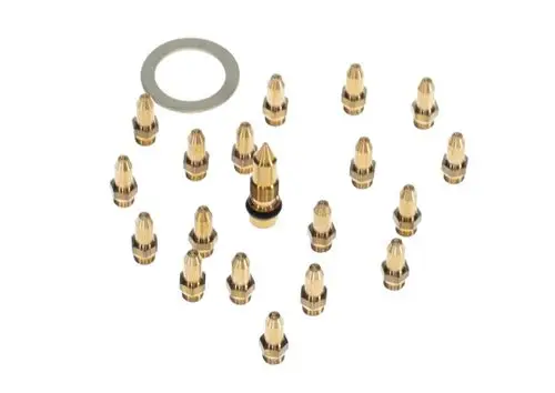BOSCH Umbausatz bestehend aus mehreren goldfarbenen Ventilen und einer Dichtung. Die Teile sind gleichmäßig auf einer Fläche angeordnet.